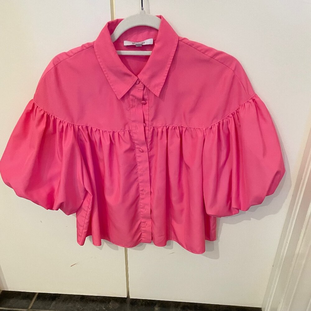 Derek Lam 10 Crosby Pink Silk Blouse Puff Sleeve Button Front Top